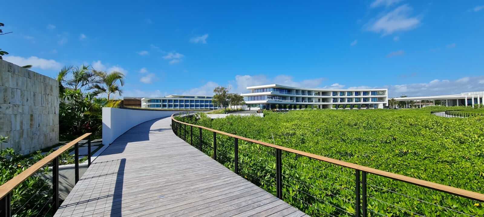 A resort hotel and walkway surround a dense mangrove forest in Mexico.